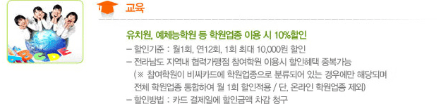 교육. 유치원, 예체능학원 등 학원업종 이용 시 10% 할인 /-할인기준 : 월 1회, 연 12회, 1회 최대 10,000원 할인. -전라남도 지역내 협력 가맹점 참여 학원 이용 시 할인 헤택 중복 가능(※ 참여학원이 비씨카드에 학원 업종으로 분류되어 있는 경우에만 해당되며 전체 학원업종 통합하여 월 1회 할인 적용 / 단, 온라인 학원업종 제외). -할인방법 : 카드 결제일에 할인금액 차감 청구